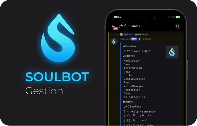 Logo Soulbot Gestion et téléphone affichant le menu d'aide du bot