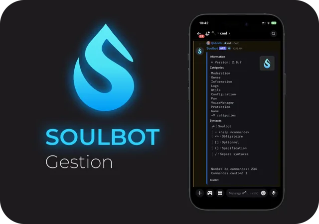 Logo Soulbot Gestion et téléphone de face affichant le menu d'aide